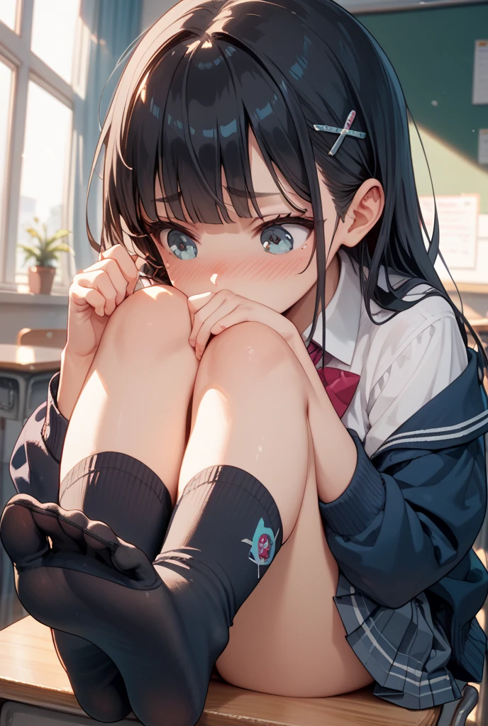 Anime girl sitting at a classroom desk with a blackboard, beautifulアニメのhigh school girl, cute anime girl, white pantiesー,cute, seductive anime girl, anime moe art style, squatbeautifulanimegirl, anime best girls, Smooth anime CG art, attractive anime girl, cotton panties,surreal , young anime girl、wear sneakers、white panties、full color、(muste piece、 best quality:1.2)、High resolution、high resolution、in 8K、🎁Live-action、Raw photo、highest quality、masterpiece、 extremely delicate、High definition raw color photo、professional photography、 wonderful face and eyes、超High resolution、Raw photo、beautiful、beautiful、beautiful girl、(solo:1.2)、 black hair、big 、blush、smile、big 、 、view audience、squat、(Crouching panty shots:1.2)、fully exposed panties、blush、shy smile、outdoor、outside of home、Obscene content、pornography、high school girl、sit with one's knees、sit with your heels on the ground、hold your knees with both hands、shins facing forward、body facing forward、sit with your heels on the ground、open legs、open crotch、white panties、8k photo、Live shooting、最high resolution、masterpiece:1.2、real、photorealistic、high contrast、photon mapping、Realism、Super detailed、professional lighting、Low - Angle:1.2)、(1 girl)、(solo:1.5)、(Height is 165 cm), (18才のhigh school girl), (Japanese high school uniform)、(summer blouse:1.2)、(plaid short skirt:1.2)、(white shirt with student ribbon:1.2)、(squatting down looking straight ahead)、(open crotch:1.2), (white panties:1.5)、(camel toe)、(white sneakers:1.2)、 (perfect proportions:1.2), (White panties are visible under the skirt:1.5), (The detailed shape of the female private parts is clearly visible:1.4), (have pubic hair:1.4), (textured skin)、I can see the cleavage、(8K、RAW photo、highest quality、masterpiece:1.2)、(realistic、Photoreal)、1 girl、from the corner of your eye1Tsu Mole、((white blouse、sailor suit、red tie、Below-the-knee length red checked pleated skirt))、(high school girl)、40 years、Skirt rolled up、gal、lots of eyelashes、glitter on eyelids、skeletally correct、thighs