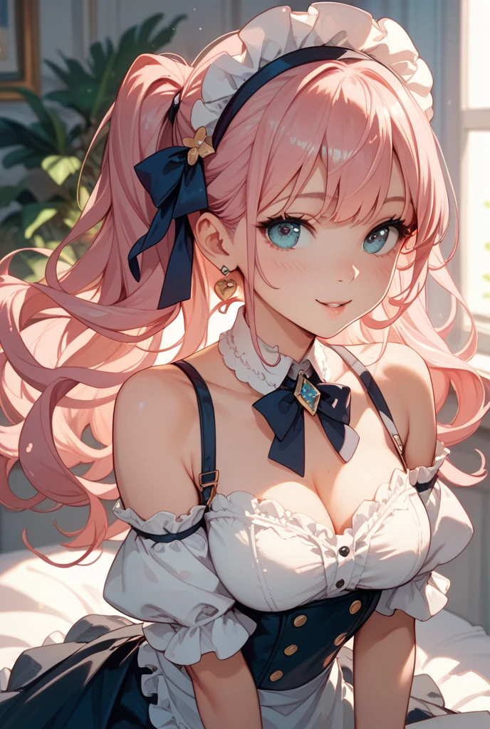 ((masterpiece、Highest quality、Very detailed))、One Girl、blonde、Medium Hair、((Twin tails))、Bright Blue Eyes、Earrings、blush、Watery eyes、((Pink Lips))、((Open your mouth))、Medium chest、((Light Blue Bra))、((Upper Body))、Sleep on your back、On the bed