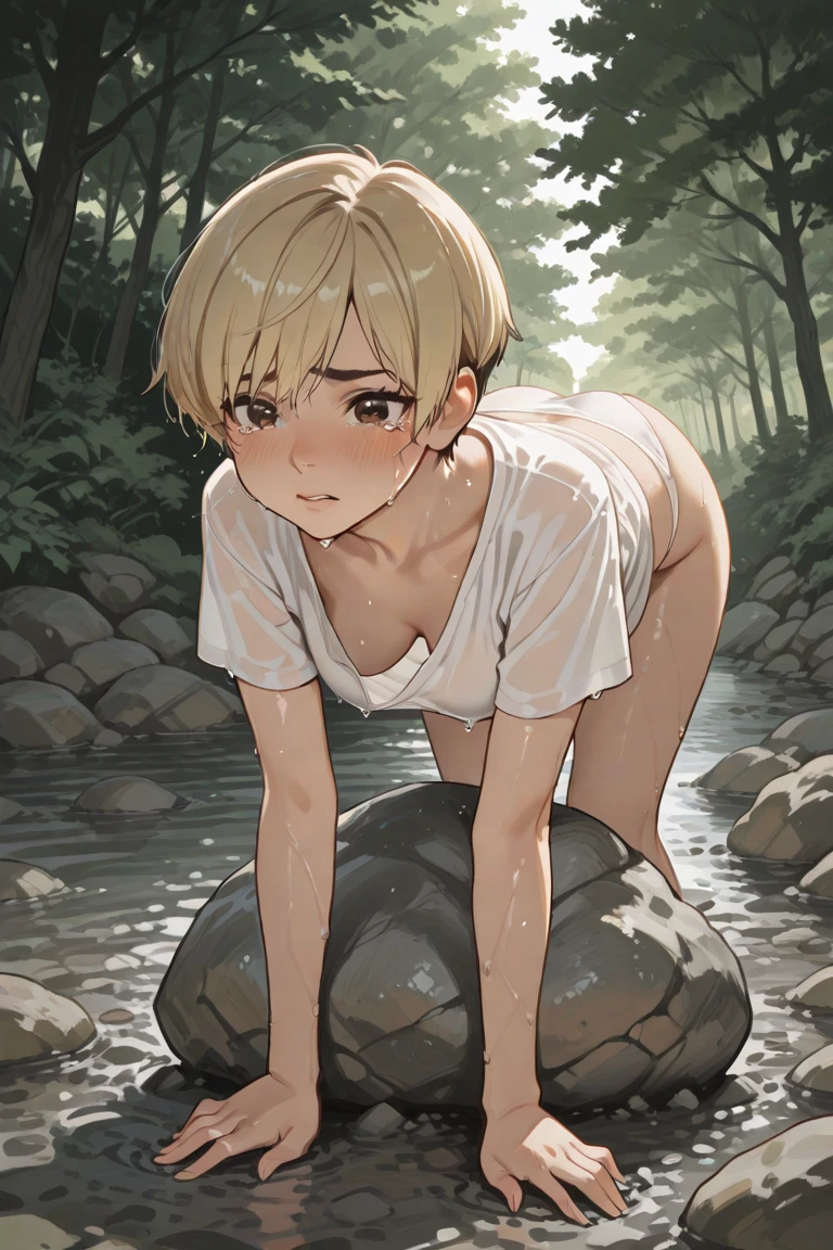 score_9, score_8_up, score_7_up, source_anime, best quality, masterpiece, official art, absurdres, highres, ultra-detailed,waifu2x,Collection: Slice of Life,break,1girl, elf, short hair, slender, androgynous, expressionless, small breasts, beautiful detailed eyes, nude, stand, wet, open mouth,  sleepily, outdoors, water,water drop, forest, spring,break,(clear line illustration:1.2), super detailed skin,very high resolution, very aesthetic, Best sexual lighting powered by famous artist, 8k,cute picture,beauty illustration,photoshop_(medium),,(Detailed Lighting),best anime 8k konachan wallpaper, pixiv contest winner, 