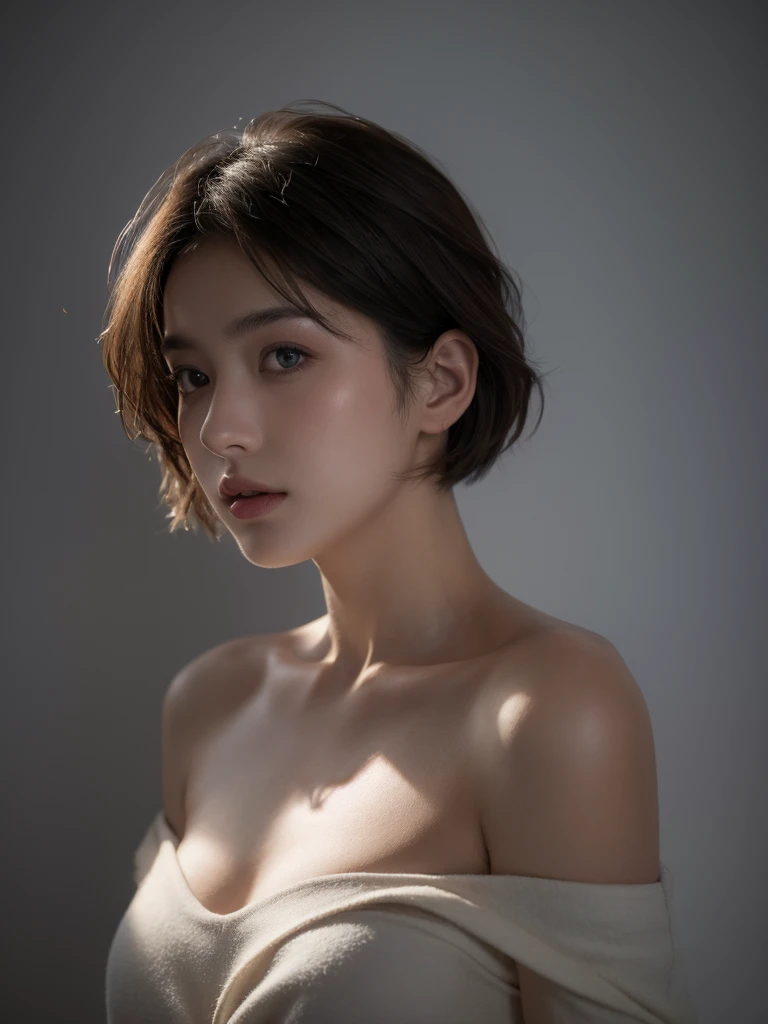 Best quality, masterpiece, ultra high res, (photorealistic:1.5), raw photo, 1girl, offshoulder, in the dark, deep shadow, low key, cold light, sexy look, short hair