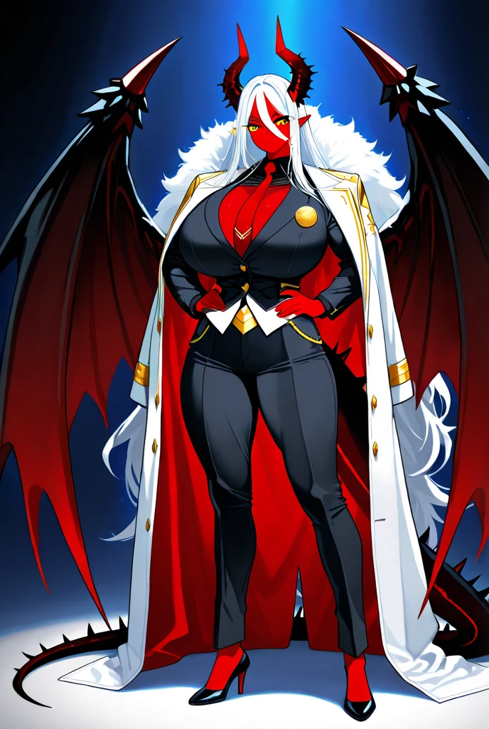 sexy female, anthropomorphic, white plume moth, grey skin, demon white short hair, four arms, red eyes, slender, (white fur coat), (black thigh high heeled boots), (white wide brim fedora with feather), fanged teeth, big breasts, big ass, voluptuous, (black minidress), (red tinted heart shaped sunglasses)
