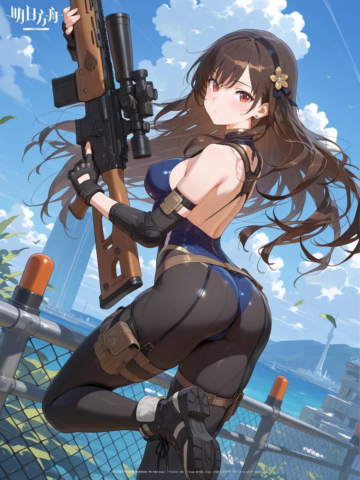 ((1 lady))、ultra-detailliert, Top image quality, digitial illustration, Seductive Anime Girl, Glossy realistic skin texture、Meticulously drawn hair, Meticulously drawn eye, Sharp Focus, Precise human body structure、Smooth texture、((back view:1.4))、((Combative posing:1.5))、((Holding a big Heavy artillery:1.6))、((bazooka and gatling gun and machinegun))、((dynamism:1.3))、((from below:1.2))、((Being in battle field:1.2))、seductive smile、((latex micro bikini:1.3 crop top:1.3))、((sleeveless))、((crop top navel))、((highleg:1.3))、((huge breasts:1.3))、((huge hip:1.3))、hip focus、((thick thighs))、curvy、((cameltoe))