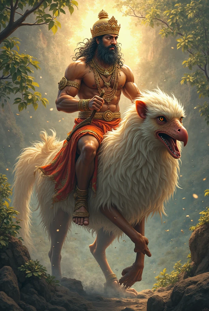 muscular bipedal camel with 3 heads, doing an indian deity pose, wearing purple sultan pants, digitl art, painting-like, HD, unrealistic, with one arm down and the other arm up, illustration, the first head is serious, the second head is smiling and wearing a purple turban, the third head is screaming, doing the sun mudra with your hands in front of your chest, viewed from the top