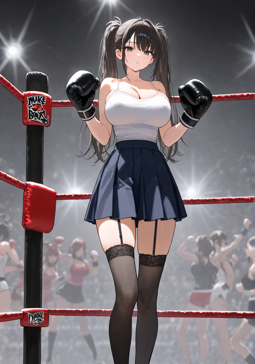 high quality, girl, Long black hair tied into a ponytail, Smile,blush,Wearing a maid outfit, Black knee socks,Wearing white boxing gloves, Standing alone in the boxing ring, Hands in boxing gloves,Throw a punch,nipple,Large Breasts