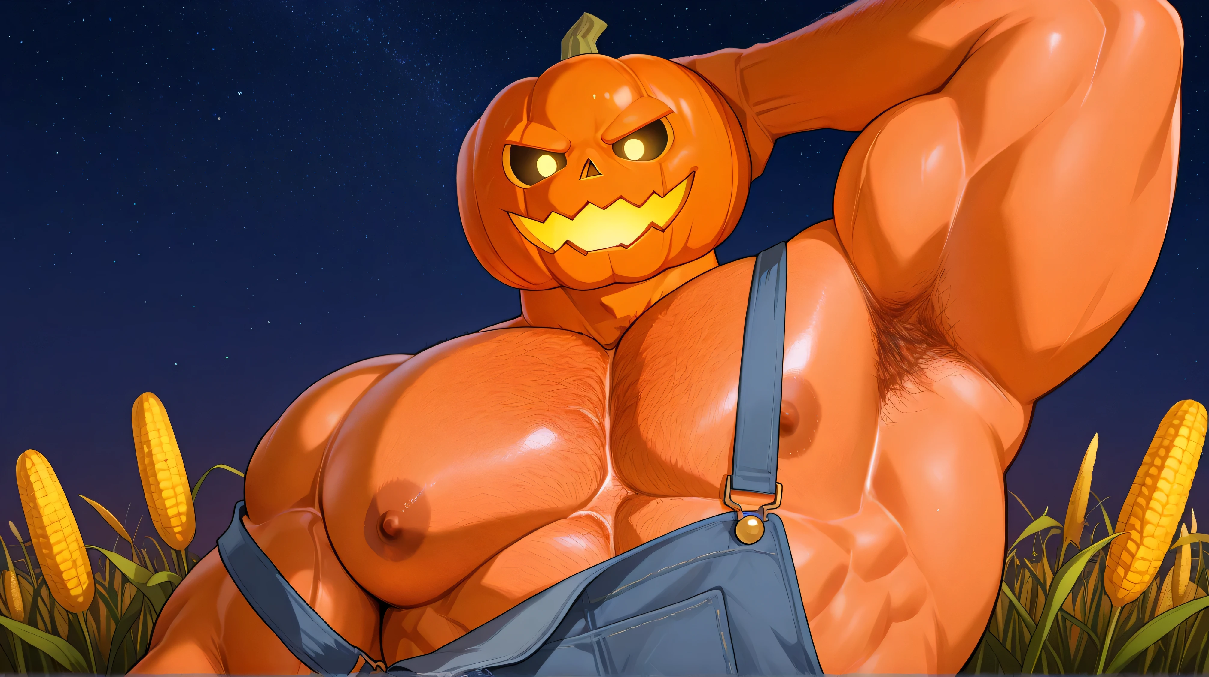 1boy, [jackolantern, male, pumpkin head, orange skin, muscular, big pecs, hairy, shirtless, overalls], happy expression, looking at viewer,  up shot, corn field, nighttime, starry sky