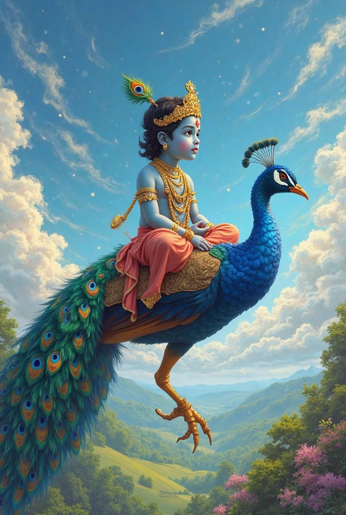 Create a vibrant and majestic scene featuring a dressed as a divine figure, wearing traditional golden jewelry and a crown, sitting atop a large, elaborately detailed peacock. The childld be holding a staff and adorned in colorful, royal attire. The background should include grand temple architecture, bathed in the warm glow of a setting sun, with a peaceful and divine atmosphere. The scene should feel rich in culture, spirituality, and celebration, with flowers and traditional elements enhancing the overall grandeur..