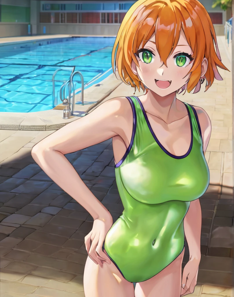 masterpiece, best quality,(hoshizora rin:1.000), cowboy shot,yellow eyes, orange hair, (breasts:0.996), green sports bra,green sports thong