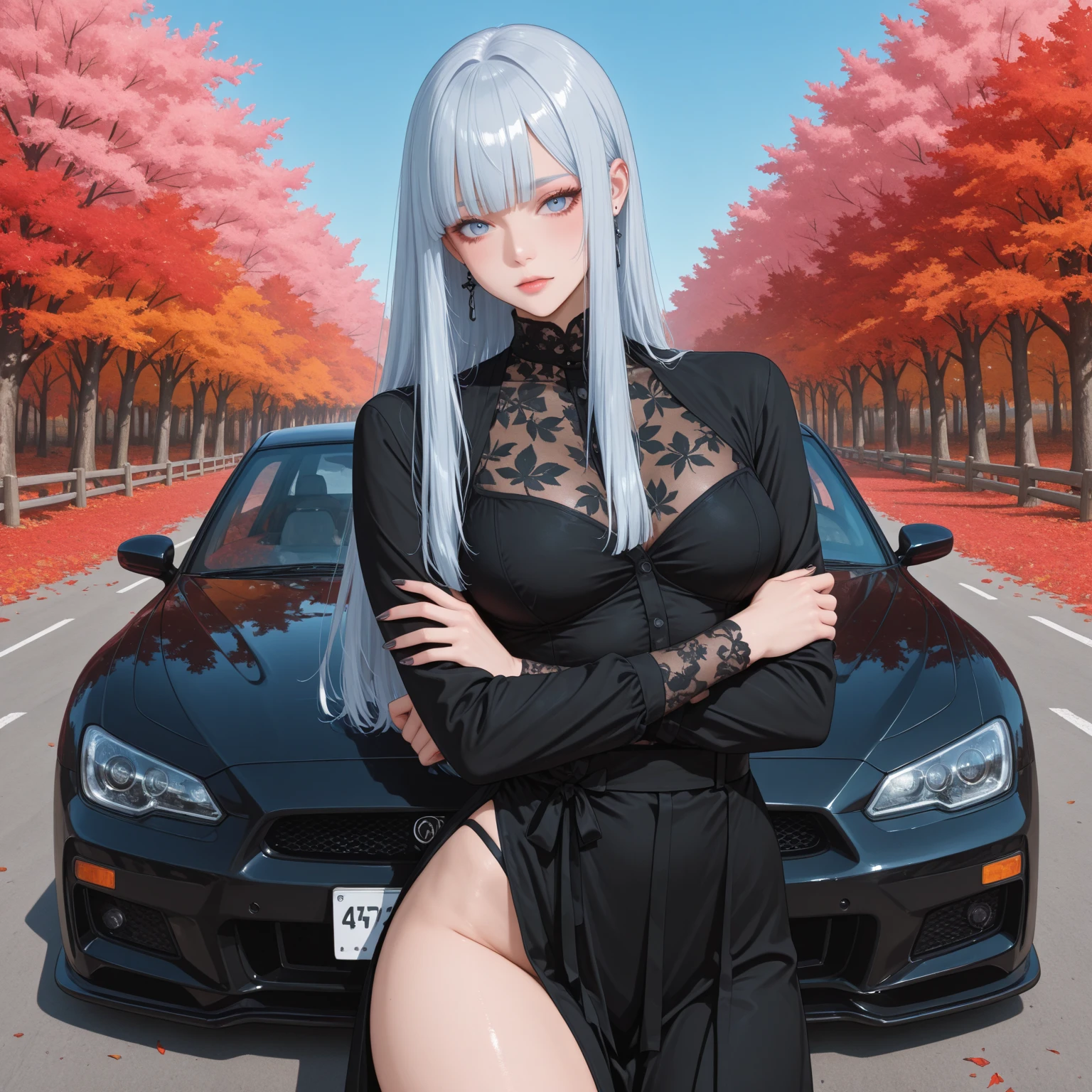 High quality, beautiful silver hair, adult woman, married woman, mature woman, beautiful woman, beautiful mature woman, mother, beautiful silver hair, long hair, bangs, braids, Russian style beautiful woman, beautiful legs, beautiful taut breasts, beautiful ass, taut beautiful ass, mole in cleavage, next to tire, lying on car, colorful clouds, Shinano ( Azur Lane), one girl, sports car, high heels, car, official alternative costume, breasts, race queen, solo, ground vehicle, thighs, skirt, big breasts, long hair,