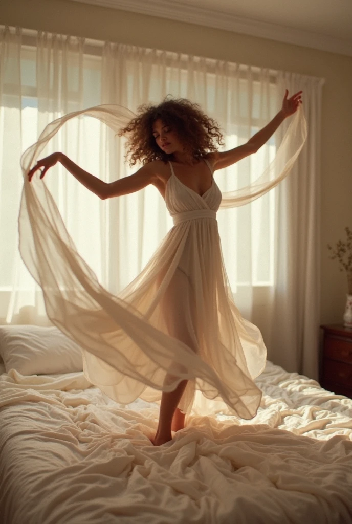 1girl,(bright lighting,romantic setting),dreamy background,,dark hair, mesmerizing gaze, , soft skin, alluring beauty, artistic portrait, high-quality image, vibrant colors,translucent long silk gown, mosquito net, lying down, romantic bedroom, sidesuspension