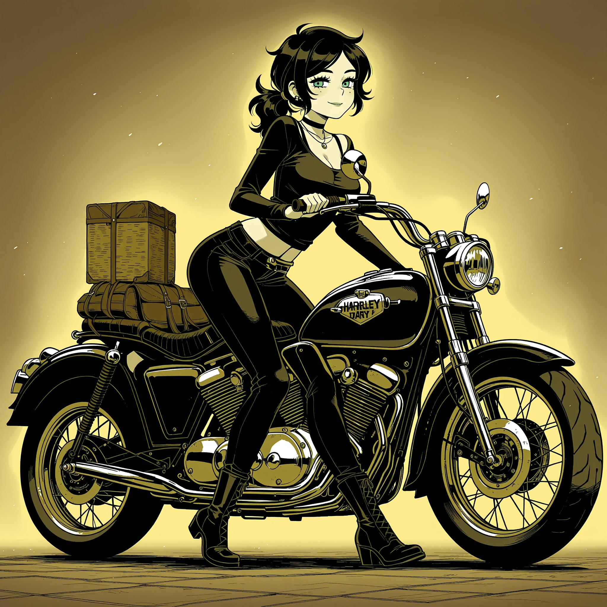 A Catwoman sitting on a motorcycle with skull and playing cards, vintage retro art, dieselpunk art style, vintage illustration, rock music, vintage illustration, vintage pin, retro style art, funny psychology, pinup art, rock style, poster retro, fixed, 7 0 s vintage art, retro - retro, nail up girl, vintage theme, retro decorative art --auto --s2