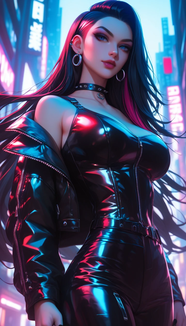 4K ultra - clear、best quality, masterpiece, Ultra-high resolution, (Reality: 1.4), 16 year old girl, Purple Eyes, Off-the-shoulder sweater dress, movie lighting、purple and black hair、(My girl、Gothic Makeup、My cosmetics)、(Ear piercing、Large Breasts、Oversized off-the-shoulder black T-shirt、Dark miniskirt)、((Dark Makeup、Oily skin,sparkling skin、Realistic skin texture、Delicate and beautiful skin、shiny skin)), Dark city center at night、Kabukicho、Dark cyberpunk、(panoramic:1.8)、Thin legs、Thin arms、Thin shoulders、Thin waist、slim body、((((Large Breasts、Low-cut,Cleavage, Wide hips,)))(Long legs) (Wide hips))、whole body