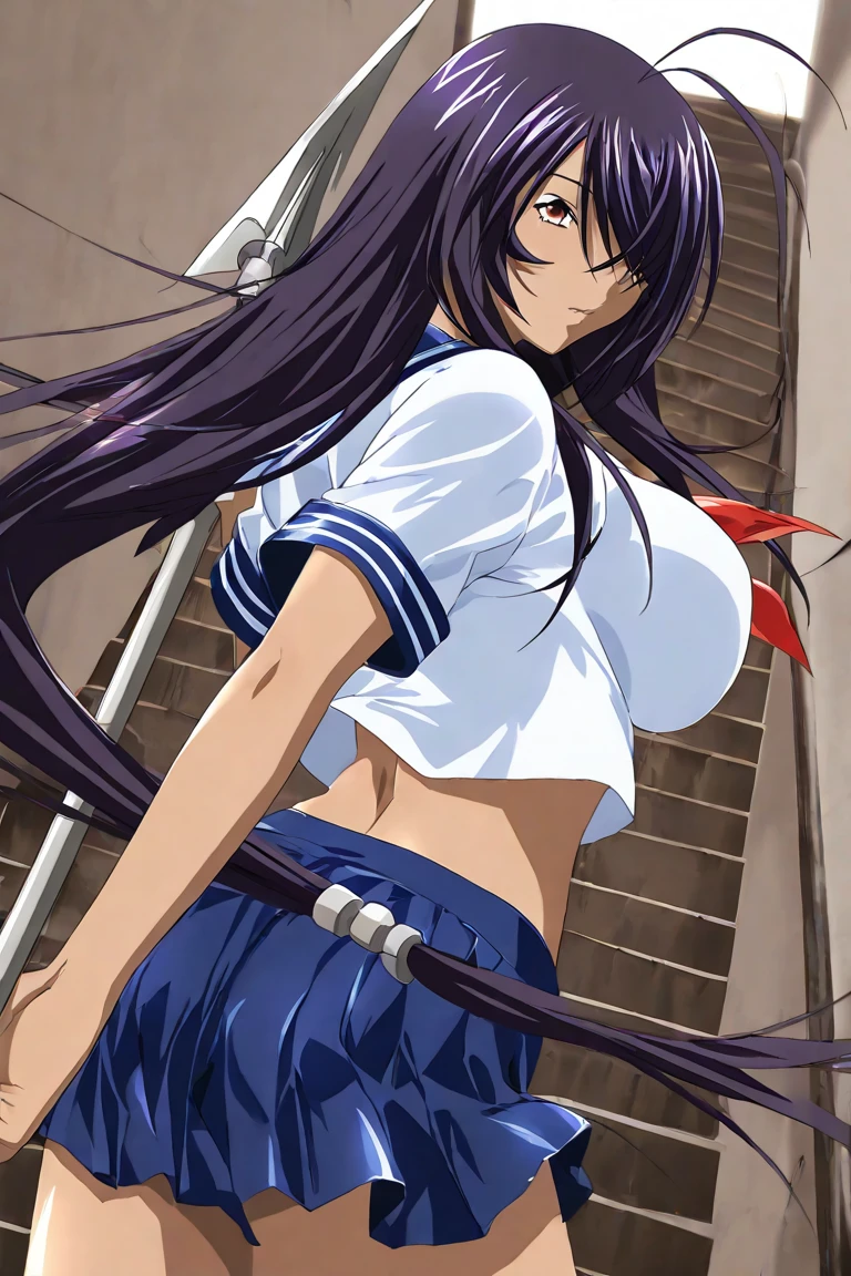asagi,mature female,large breasts, messy hair style,wavy long hair,blue hair, hair between eyes, purple eyes,cleavage,(karate gi,:1.2),(gorgeous bra,underboob:1.1),(micro panties:1.2),(sweat gleaming skin:1.1), outdoors,sunlight, spotlight effect,bright sky, blue sky with clouds,strong wind, (karate studium),(highres, high quality:1.1), intricate details, cinematic lighting, 1girl,(red blush,angry),(Gorgeous Necklace,jewelry, bracelet),(dynamic fighting pose:1.2),dynamic angle,from below,cameltoe,show off panties