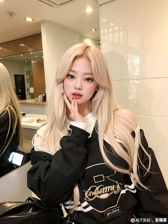 A young Korean woman with blonde dyed hair, pale skin, thin body. She has a small mole below her left eye, making her even more charming. She is wearing a chic black shirt and black leather pants . She is looking at the viewer, and her easy expression is sensual. Full body. The setting is a balcony of a luxurious apartment at night with the city in the background. Masterpiece, high quality.