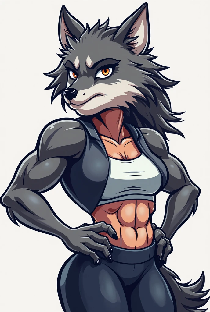 Tall and slightly muscular female wolf girl, large biceps, large forearms, six pack abs, booty shorts, thong underwear, sports bra, large breasts