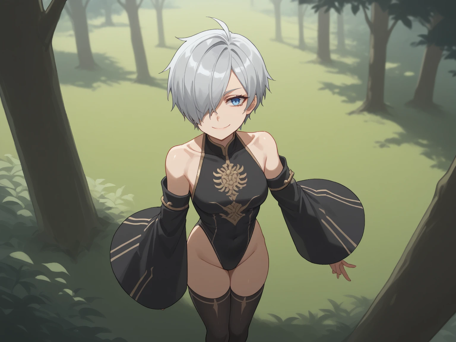 Nier Automata. Una mujer con un corte bob blanco de pie en un bosque., trasero grande, ojos verdes, Cartel de Pu Hua, CGSociety, neoromanticismo, Arte Oficial, dynamic pose, Ultra detallado, fix eye position.