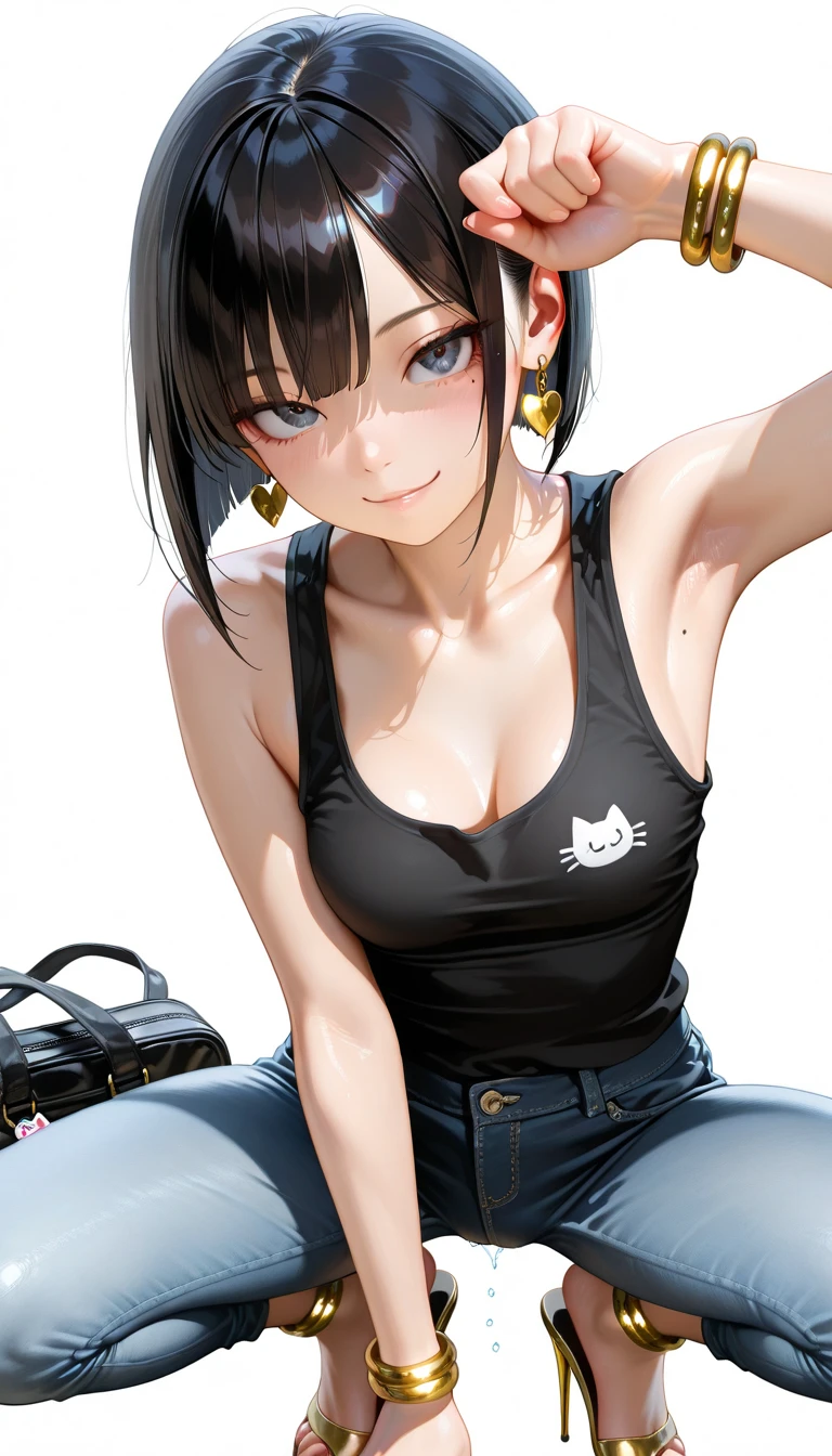 (masterpiece, best quality:1.2), noodle (gorillaz), black hair, short hair, streaked hair, black eyes, multicolored hair, looking at viewer, bangs, heavy bangs, bangs covering eyes , parted lips, breasts, small breasts, bob cut, sparkle, glint, blush, 1girl,detailed clothes, detailed nipples, two toned striped sweatshirt, denim mini shorts, boots, thin Japanese girl, cute white, pretty, innocent, 18 year old, (flat abs)), blushing, (sideboob), (underboob), pink areolas, pink transparent microbikini, wearing a small pink transparent thong of undersize, ((sitting in the back seat of a car)), (((cameltoe: 1.2))), black choker, take a selfie, Looking at the camera, smiling, having fun, happy, up close, (NSFW)