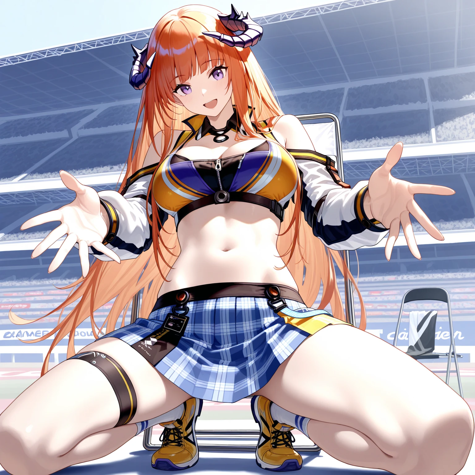 (cutesexyrobutts art style:0.7), score_9, score_8_up, score_7_up, score_6_up, erina nakiri, long hair, blonde hair, purple eyes, BREAK (masterpiece:1.2), best quality, high resolution, (beautiful detailed eyes:1.3), perfect lighting, (perfect hands, perfect ???????), hearts, pleasured, large breasts, sagging breasts, 1girl, breasts, pom pom \(cheerleading\), cheerleader, solo, skirt, one eye closed, navel, smile, midriff, crop top, open mouth, full body, panties, field, looking at viewer, underwear, white background, pleated skirt, thigh strap, thighs, sandals, sleeveless, arm up, bare shoulders, choker, cloudy sky, dusk, 
