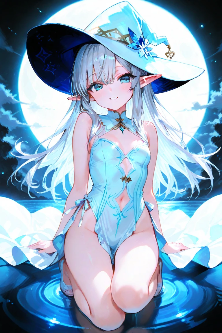 A high resolution, Super Detail, High resolution, animesque, Manga, illustratio, Baby Doll Dresses, SPEEDLINE, Beautiful woman, Adult face, make up, Ecstatic expression, Amorous expression, Seductive look, Flowing layered messy wavy white medium hair, big blue eyes sparkling, great proportion, perfectly proportions, slender, Full body、Summer evening sea、Teary-eyed、crouching、The bikini、Sheer T-shirt