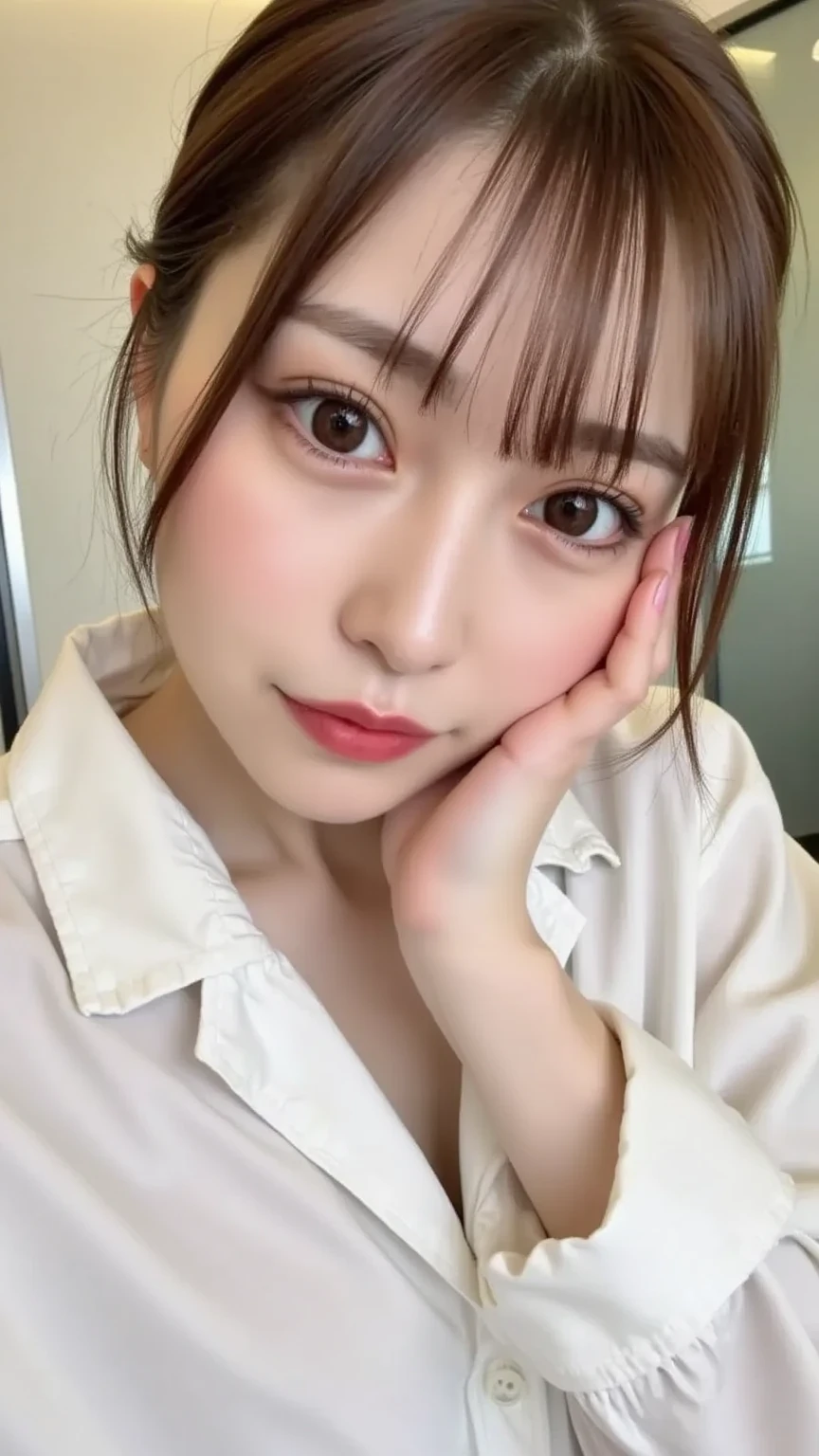 (best quality, 4K, 8k, highres, masterpiece:1.2), ultra-detailed, (realistic, photorealistic, photo-realistic:1.37), hyper detailed, extremely detailed, intricate details, sharp focus, physically-based rendering, professional, vivid colors, studio lighting、Japanese High School Girl、smile、selfie、Small breasts、Natural Makeup、(Hair Color:Random)、middlehair、Inward curl、White shirt、Open shirt、Emphasize cleavage、side boob、under boob