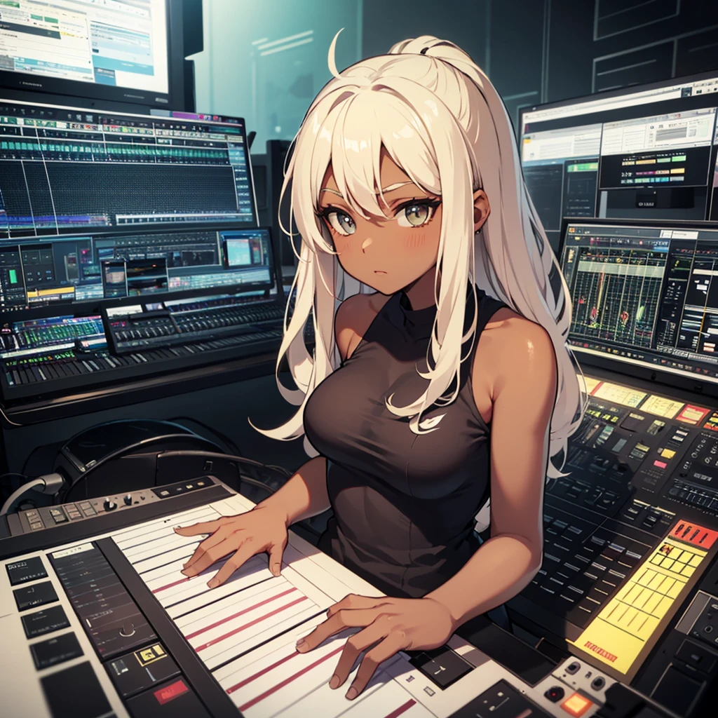 1girl with white hair playing a synthesizer keyboard in a dark room, artwork in the style of guweiz, perfect white haired girl, anime styled digital art, nightcore, extremely detailed artgerm, keyboardist, snth