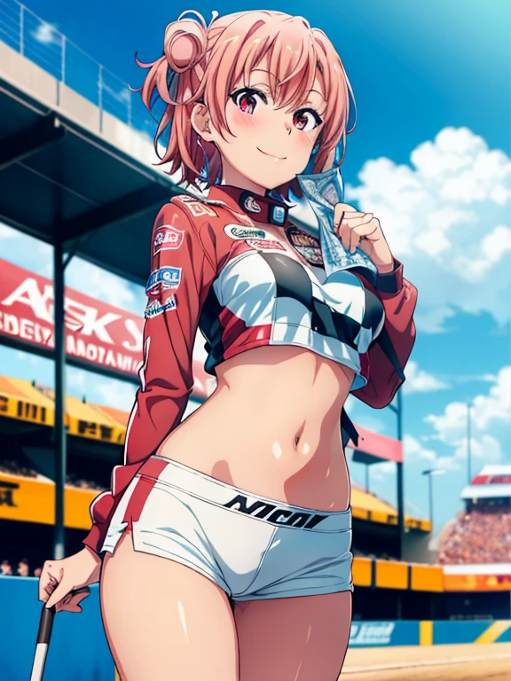 ((Tabletop, Highest quality, High resolution, Hmph, Pixel perfect, Depth of written boundary, 4K, )), One Girl, alone, , Beautiful Anime Girls, Beautiful art style, close, View your viewers, Perfect body, Yuigahama Yui, short hair, Single hair bun, Pink Hair, (Large Breasts), belly button, Blush all over face, smile, Thighs Thighs Thighs Thighs, Race Queen, White Background, Take the lead, Raise the checkered flag, Cowboy Shot, concentrated,Swollen nipples、