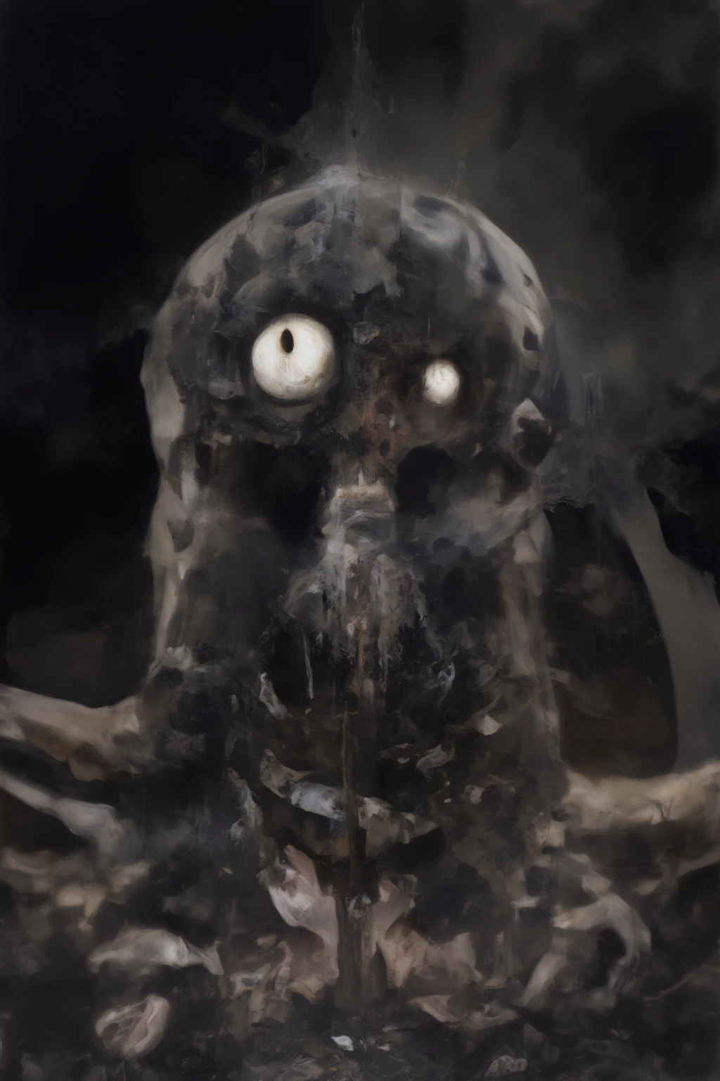(((horror style))), illustration of a zombie vampire with his mouth sewn shut, Bill Henson, looking at the camera from the front, super detailed, Unreal 5 resolution