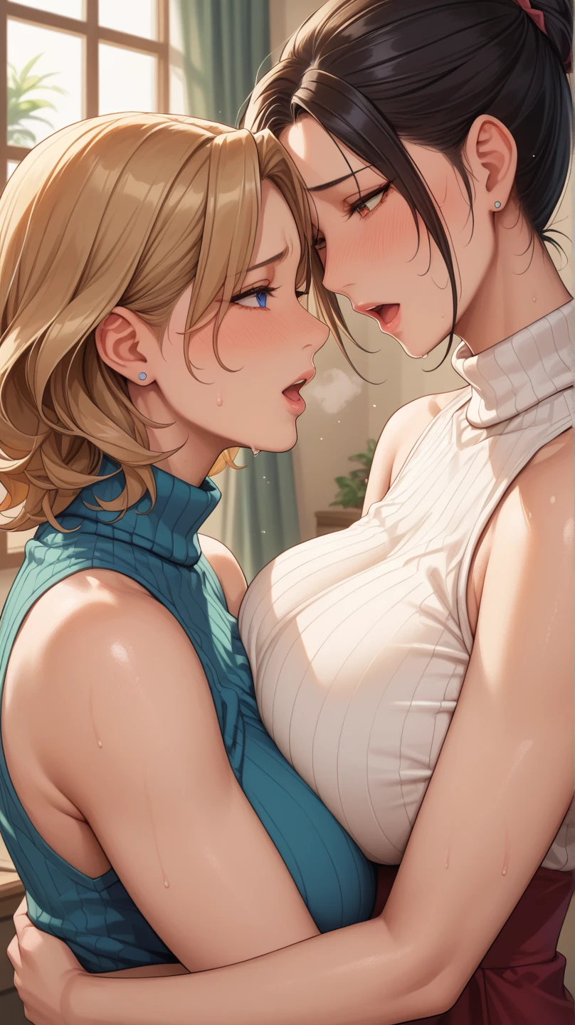 (Masterpiece, Best Quality, High Quality), from above professional artwork, well drawn, Intricate Details, from above, (((two girls in looking at each other and after kiss))), koizumi hanayo, Hoshizora rin, room, ultra detail hair, ultra detail face, perfect eyes, earring, blushing, embarrassed, dress, heavy breathing , breast press, sweating, night,under moonlight ,(sweaty:1.2), (orgasming:1.3)