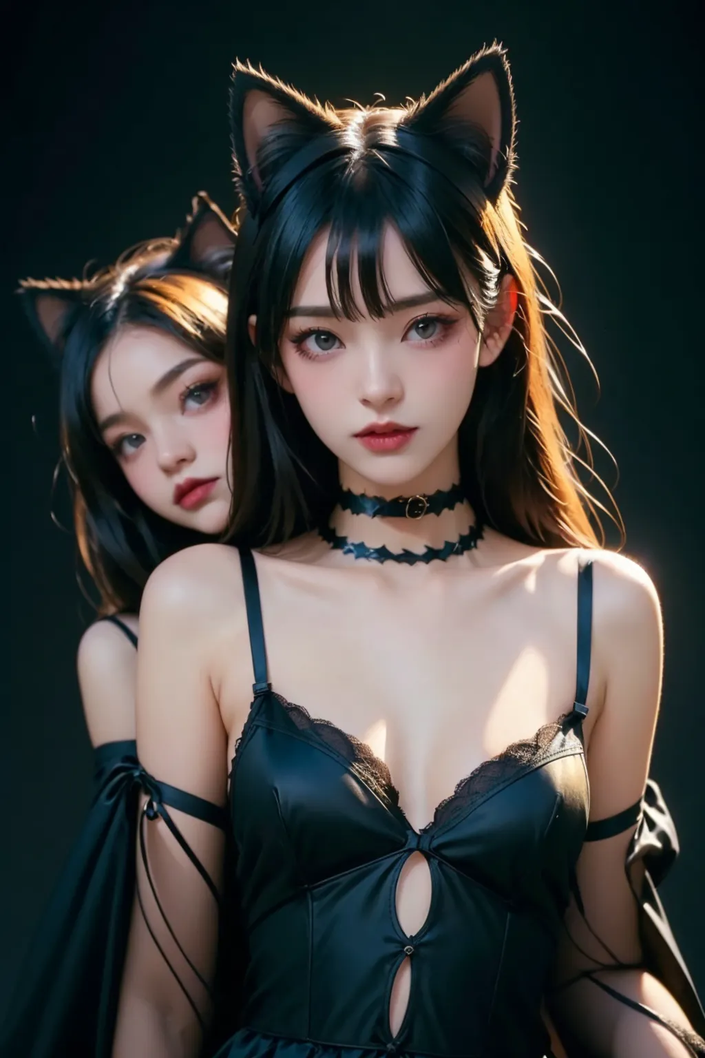 forest, catgirl, black cropped t-shirt adorned with medals and chains, black jeans adorned with chains and patches, beams of sunlight shining through the canopy, yellow eyes, calico fur, beautifully lit, insanely detailed, stunning environment