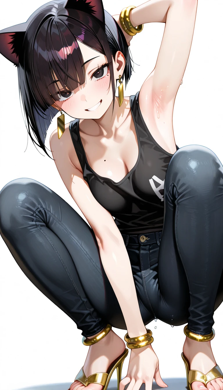 Cute girl, short gray hair, black eyes, tight pants