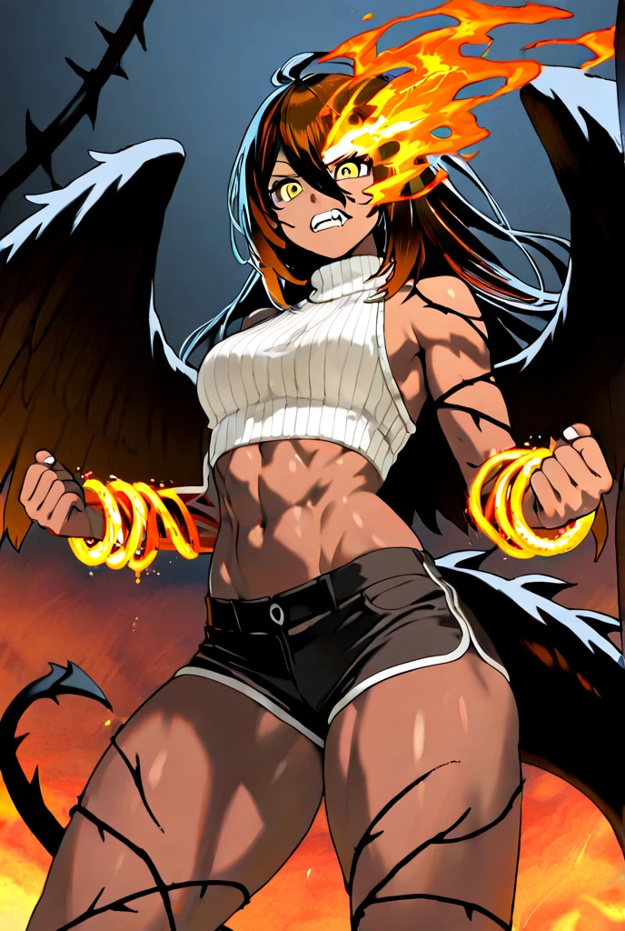 Shaman,red eyes,short black hair,angry,upper body,toned,medium breasts,cowboy shot,muscular,
bandeau,gloves,claws,fur trim,loincloth,animal skull with red eyes,chest straps,
outer space,stars, standing,  upper body, 
(insanely detailed, beautiful detailed face, masterpiece, best quality),
<lora:shaman-10v5:0.8>,