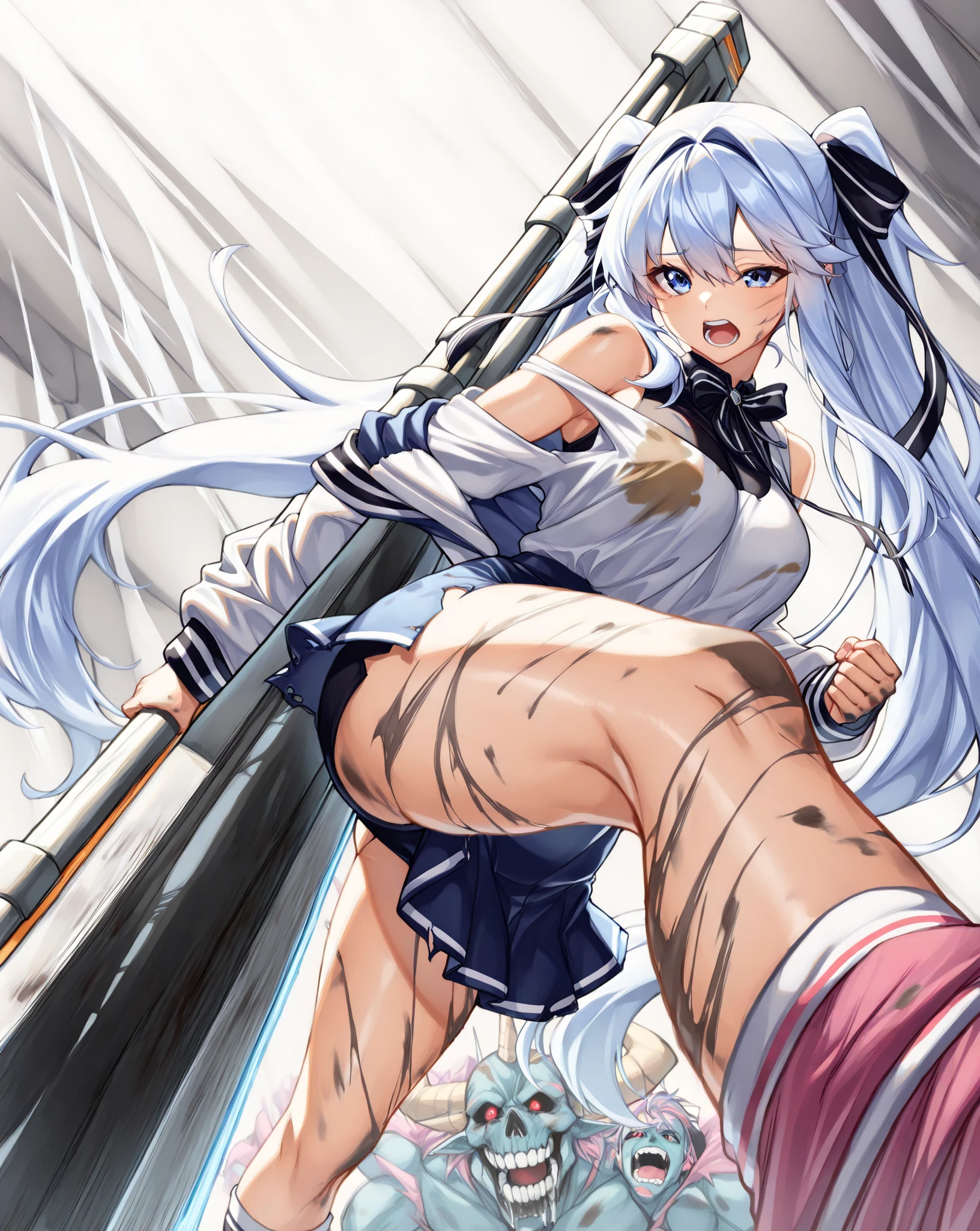 Alone,girl,standing split,gray hair,Ahegao,big breasts,Cheerleader,Fishnet tights,twin tails,thin legs,earrings,choker,looking at the viewer,red lipstick,sweaty