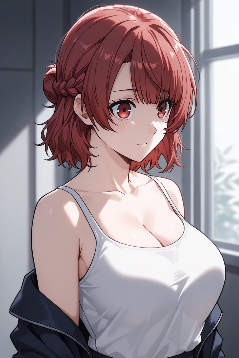 (absurdres:1.2),(masterpiece:1.6),(ultra-detailed:1.4),(High quality:1.4),(best quality:1.4),(beautiful busty breasts:1.3),(beautiful face:1.3),(beautiful woman:1.3),(bright red hair:1.4),medium hair,a mole around the mouth, (sweat:1.1),(aroused:1.2),(embarrassed:1.2),(blush:1),(close-up:1),(cat ear bandage:1.2),white T-shirt