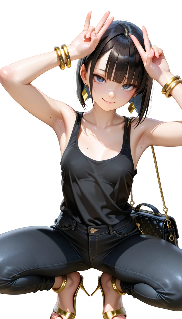 maquiagem, Lips are soft or colored, fundo preto simples, minimalismo, monotonous, paletas de cores vivas, small girl, grumpy face, short dress, shows her feet, short black dress, straight hair tied up, sitting on a giant ball, holds it with her hands, looks to the side, wind in her hair, flies, perfect anatomy, dynamic pose , perfect hands, wind in the dress