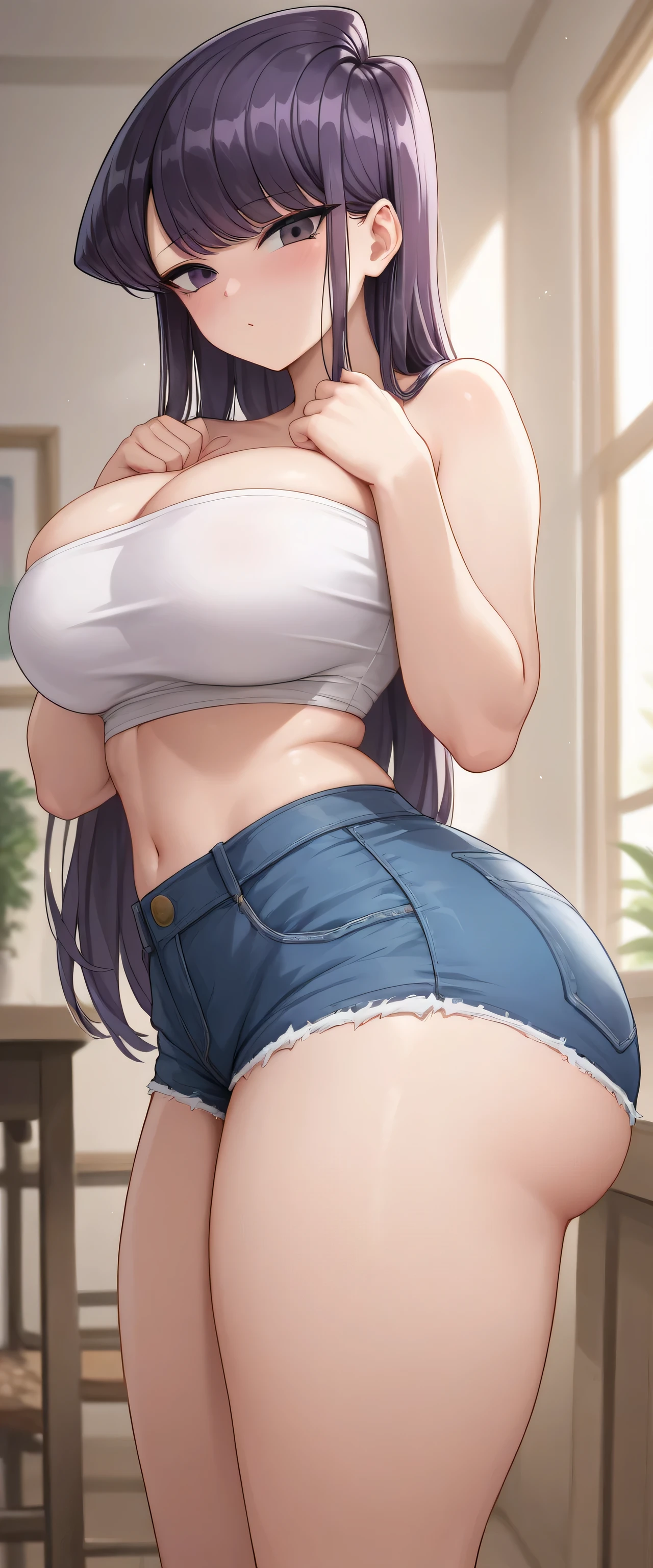 (best quality:1.5, highres, UHD, 4K, detailed lighting, shaders, HDR, hand depiction, anime style), brown ponytail, large breasts, black bikini, jean shorts, necklace, thighhighs, smug face, standing, sexy, street background, close shot