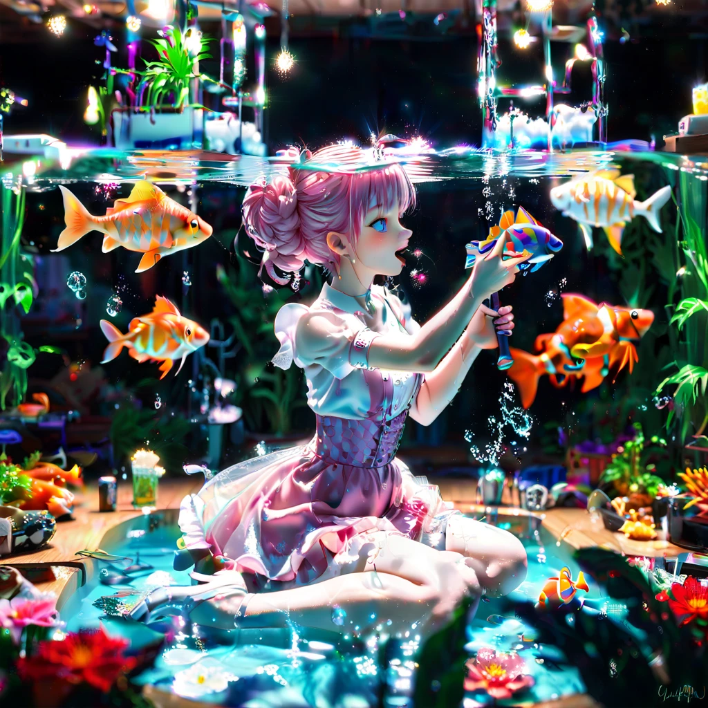 In surrealistic and realistic style. A fountain, beautiful fish floating in the air, a girl eating a candy. Strange, beautiful