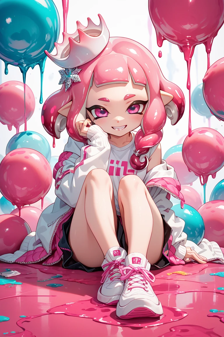 Girl with long hair and bangs with white eyes, clown-painted face, oversized t-shirt, white legs with fishnet stockings and white sneakers
