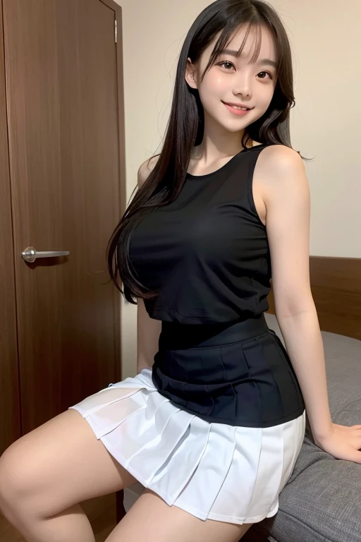(((a picture of Momo))), (((white button collar shirt))), (short navy blue skirt), (black thigh high stockings), (detailed lighting, extremely detailed skin, extremely detailed hair, shadows, 8k), looking at viewer, (High Key Lighting), masterpiece, top quality, best quality, official art, unity 8k wallpaper, higher, ultra-high res, ultra-detailed, beautiful and aesthetic, (((very large breasts))), bigger breasts, very tight shirt, button starching fabric to it limit , very detailed face, (((white button collar shirt and short skirt only))) very large breasts
