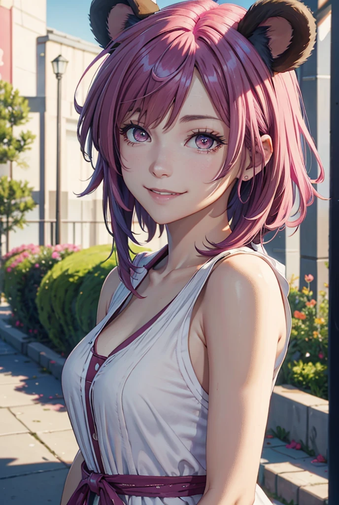 girl with short pink hair, wearing a white tanktop, nipples behind strapless tanktop, beautiful anime face, in the park, cheesing