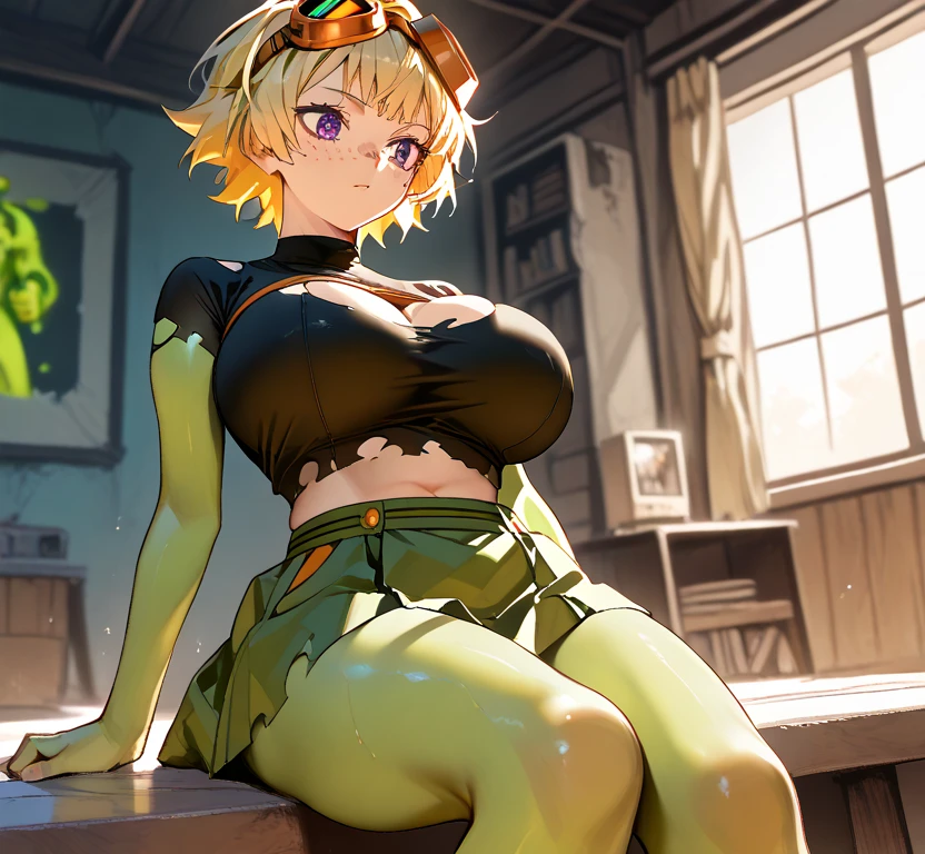 It is an image of a cartoon woman standing in a room wearing jeans, 1girl in, Blonde hair, Solo, Short hair, Skirt, Looking at Viewer, drapes, denim, Indoors, Saijo Judges, Large breasts, cleavage, emerald tiara, Green Pearl Necklace, Boyish very short black hair, lipsticks, Japan woman smiling, very short short hair, fist, big breasts beautiful, Green eyes, Long green gloves made of satin material, Green eyes, Emerald Earrings, Sexy, Female Teacher, 1 Robotic arm, White top,plaid skirts, Long Blonde Hair, Glowing blue eyes, black lipstick,