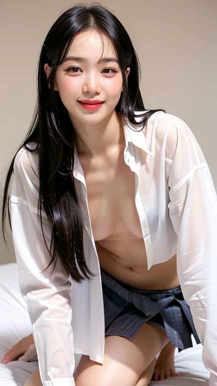 a pretty woman, dressed in white shirt, full body portrait, nice perfect face with perfect face, hyper realistic concept, 8k resolution, photography quality, posing for a photo, photo realistic, ((half open shirt))