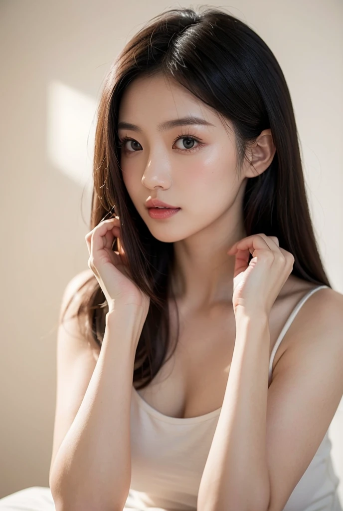 (Photorealistic),(Masterpiece),(ultra-detailed),a tall very beautiful and extremely thin girl who is literally just skin and bones because of being severely malnourished and looks so fragile and delicate and has big eyes and very small head, can see all her bones,sitting on a chair,she has very small and thin body frame and legs,wearing loose long sleeved pajamas and pants,hands on stomach because of being so hungry