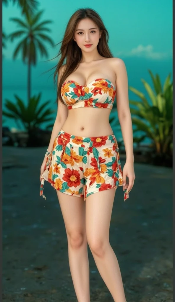 A beautiful woman standing, wearing two piece floral dress, pale skin, smooth pale skin, skin tune pink, perfect body, detailed body, ((round big breast, small titts, big hips)), cute face, orange hair, super detailed, 8k