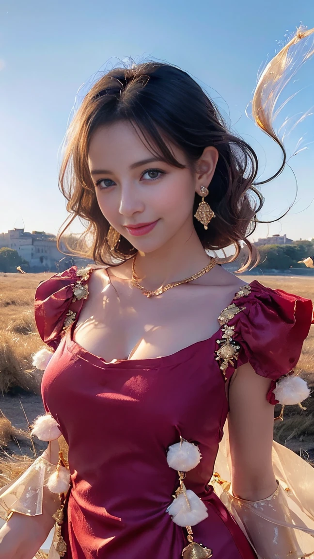 High resolution symmetrical images, Japanese film photo of colorful tattoos on waist, chest and arms, Cleavage、(((Full body tattoos)))、 (Lotus tattoo)、 (close up chest, Underarm, 胸のAngle from below), blonde braids, short hair, ((Art Nouveau)), (Ecstasy Face), (Alphonse Mucha), Small earrings, ((on the road, wood, Buildings in medieval Europe)), Angle from below、(Anatomically correct)、(Perfect body proportions)、(Natural Hands、Natural Fingers)、(Breast Goddess, Woman born from flowers, ((Round face)), Realistic Eye Size, Droopy eyes, smile,I'm bathed in dazzling light