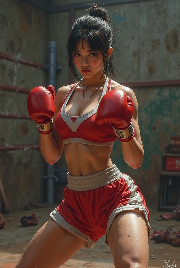 (A fighter training in the gym punching the sandbag), Brazilian brunette,sexy,red blouse,tattooed,white scarf, long head, black,, UFC shorts, white MMA gloves, mirror, mat, weight machines, weights lying on the floor, gloves, photos of fighters hanging on the wall, realistic, ultra-detailed --auto