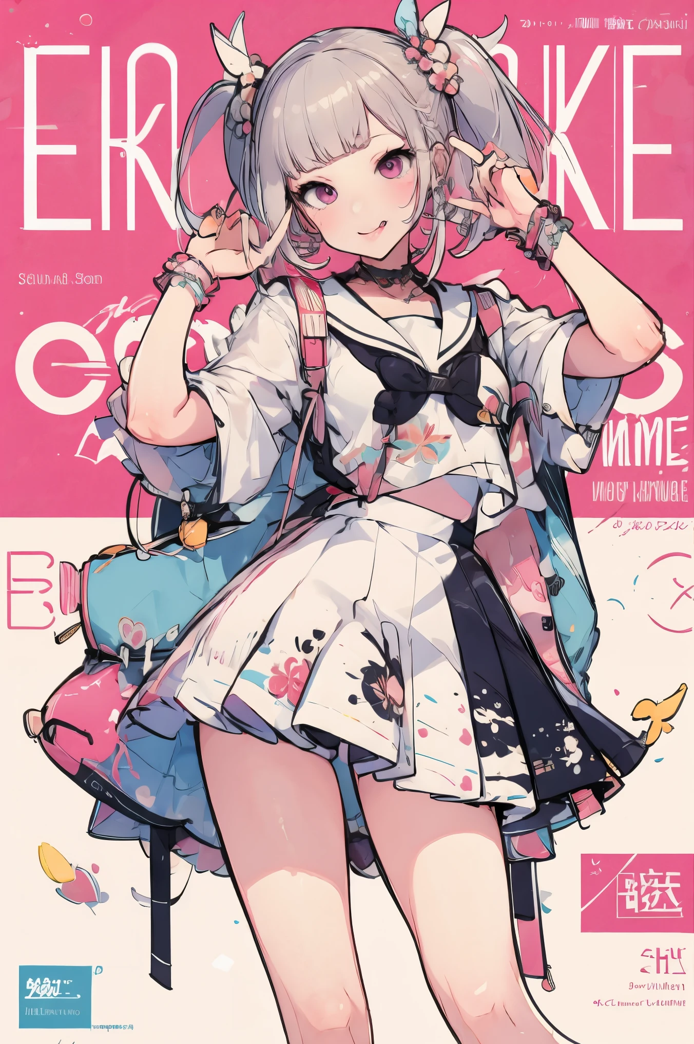 ((masterpiece)), (high detailed), perfect face, pink twin tails. Harajuku style fashion. Gal schoolgirl. Smiling with tongue out. Double peace sign. Mini skirt. Downtown. anime style
