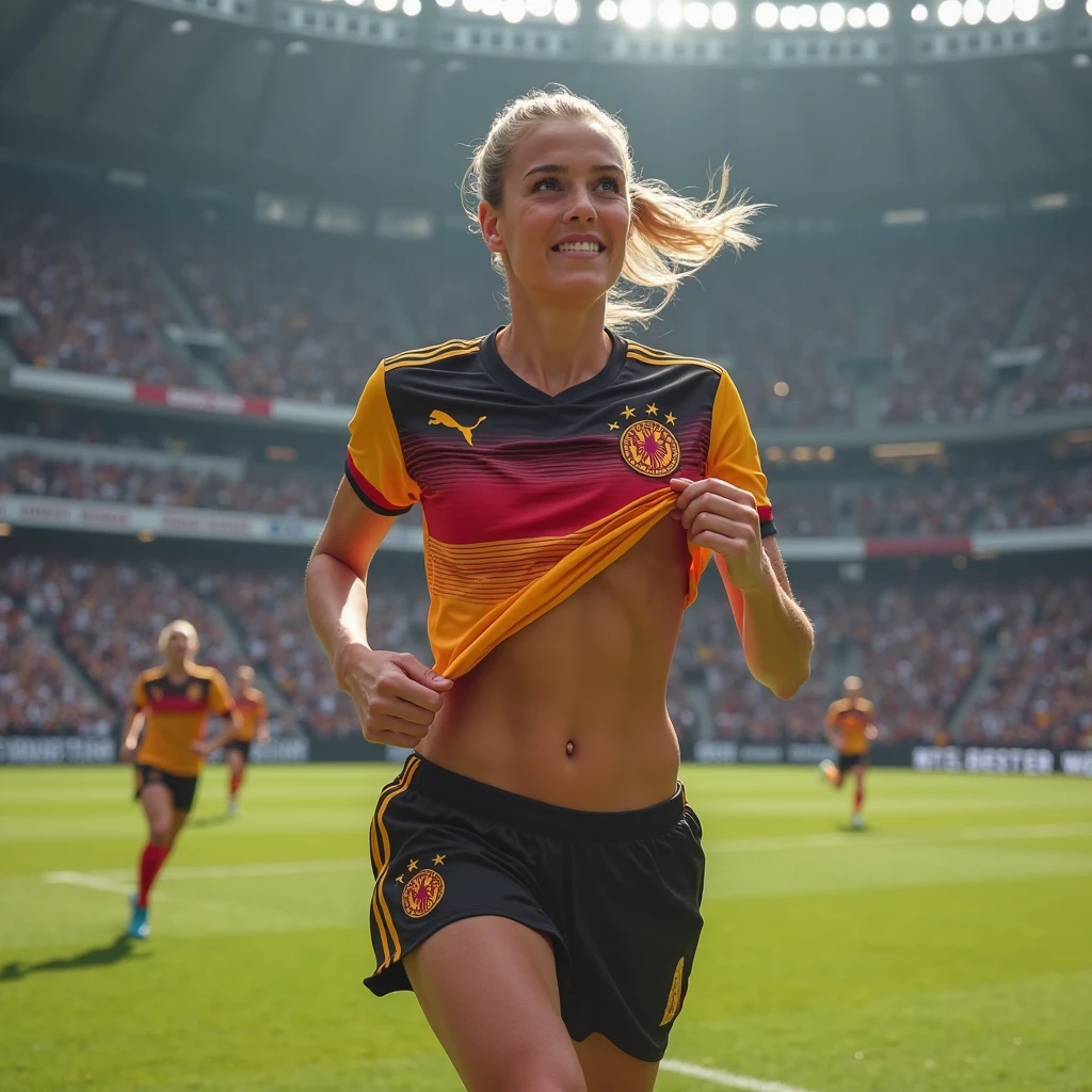 photo originale en pied avec lumière au néon et peinture unique, Drapeau allemand peignant les couleurs sur le visage, une jolie tête de lecture deuts femmes avec 2 amis portant un maillot de football allemand et assis dans un gradin du stade, pose de célébration de but, Cheveux flottants, visage naturel, éclairage sombre, Ambiance des supporters, effet prisme lensflare, Flou de mouvement, style de prise de vue en angle sportif, ultra très détaillé, Peau réaliste, les looks du film, photo prise par Sony A9 avec un objectif large, photo d&#39;Arnau Mas