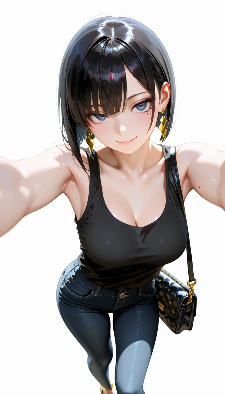 <lora:omarDoganStyleLORA_omardogan08v2:1>, (marker \(medium\), traditional media, beautiful women, best quality, (masterpiece:1.3), [oily skin, highly detailed], closed mouth, long side bangs, short hair, (selfie shot:1.5, downward angle, torso visible:1.2), looking at viewer, plain background, large breasts, cleavage, (highly detailed face:1.3), skindentation:1.4, full lips, puffy lips, 1girl, solo