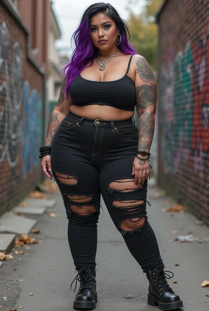 Short 4’11, chubby, 2 woman with black glasses, long brown hair, covered in tattoos, wearing black cargo pants, a black tank top and combat boots, on a city street at night, realistic style