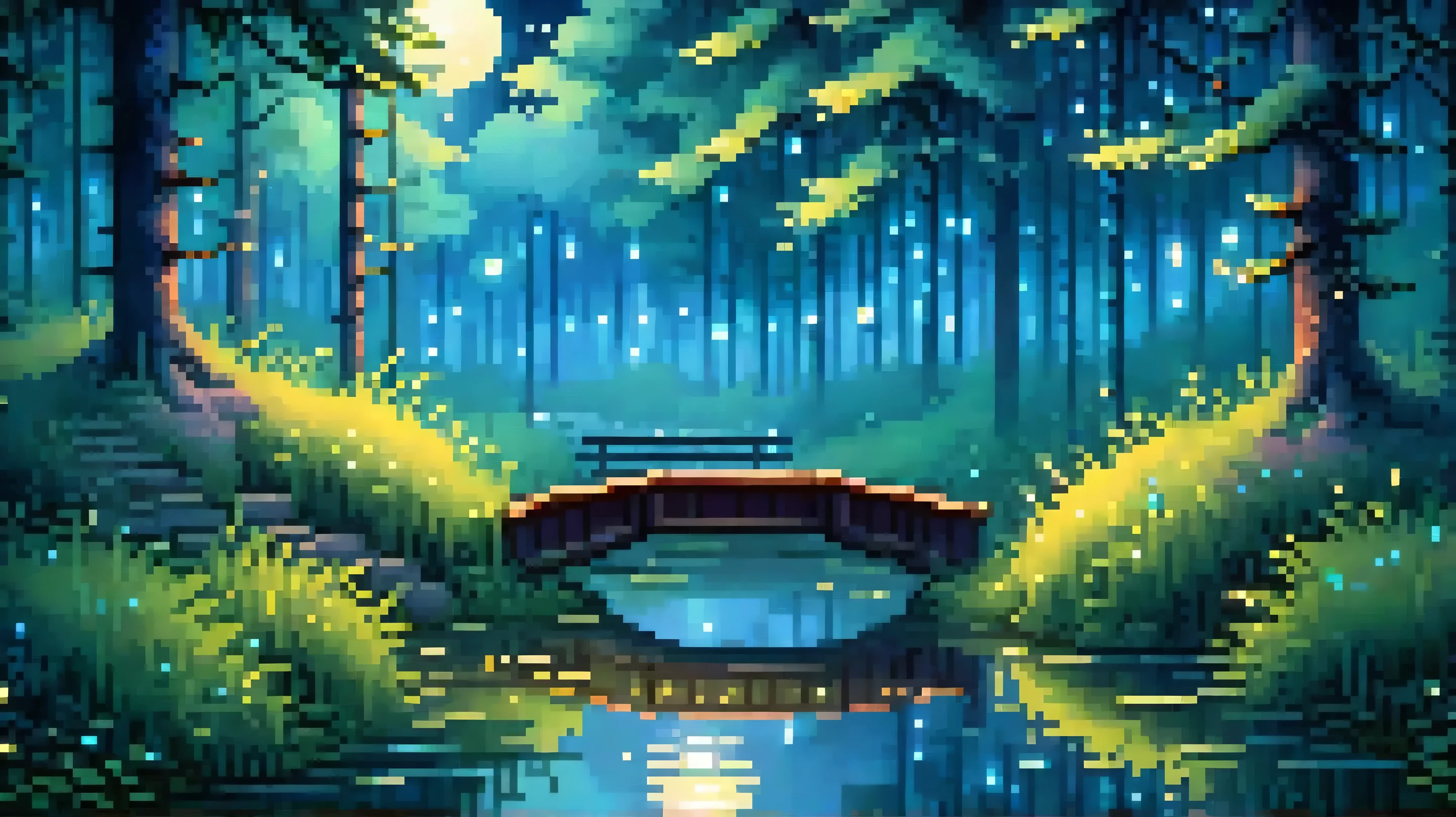 2D pixel art in retro video game style, 16-bit. A peaceful night in the forest with a small wooden bridge over a quiet pond. Glowing fireflies float in the air, soft moonlight illuminates the scene. Gentle blue tones, dreamy atmosphere, no characters, tranquil and calming mood.