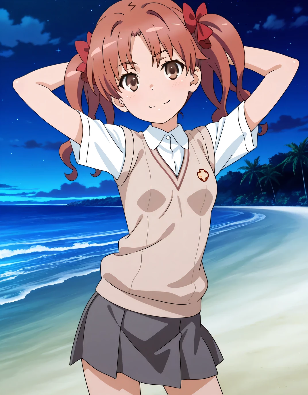 1girl, brown eyes, brown hair, long hair, twintails, parted bangs, red hair bow,
tokiwadai school uniform, summer uniform, brown sweater vest, white shirt, collared shirt, short sleeves pleated skirt, short sleeves, miniskirt, grey skirt, anime screencap, high quality, solo, cowboy shot, (contrapposto), hands behind head, closed mouth, night sky, beach, looking at viewer, smile, best quality